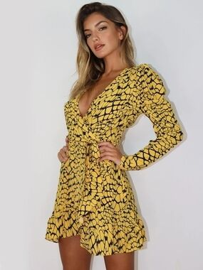 Missguided Snake Print Ruffle trim Wrap mini Dress Yellow & black US 6